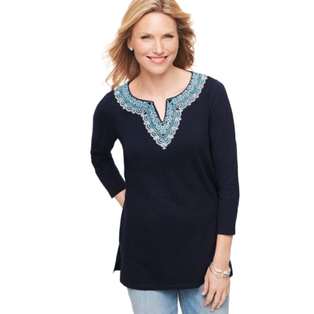 Talbots Navy Embroidered Split Neck Tee - 100% Cotton
